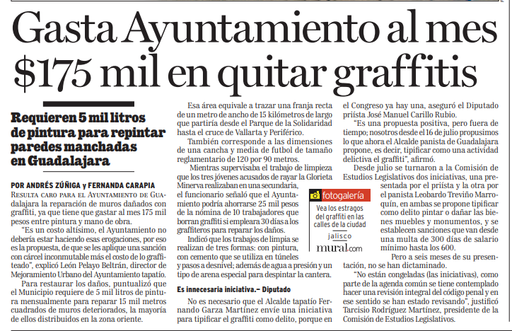 Gasta Ayuntamiento al mes $175 mil en quitar graffitis