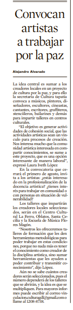 Convocan artistas a trabajar por la paz