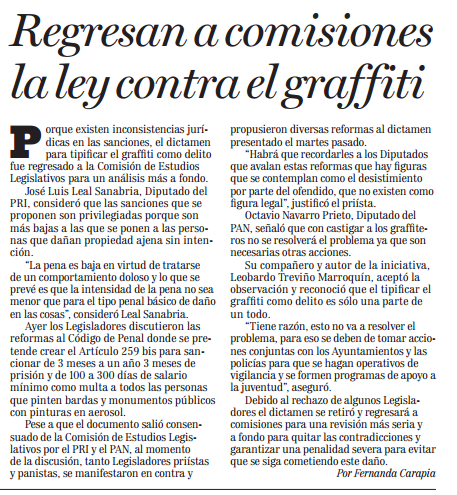 Regresan a comisiones la ley contra el graffiti