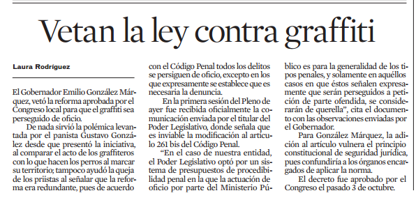 Vetan la ley contra graffiti