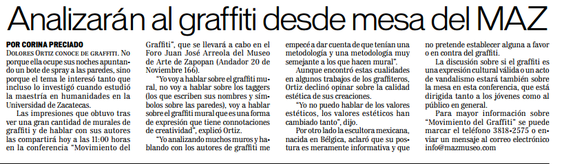 Analizarán al graffiti desde mesa del MAZ