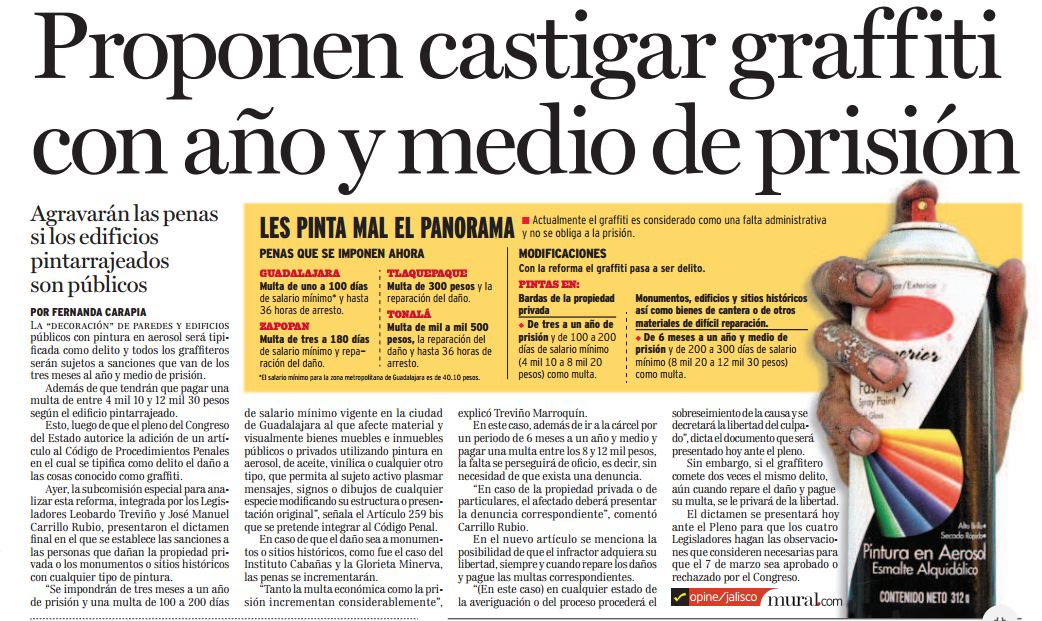 Proponen castigar graffiti con año y medio de prisión